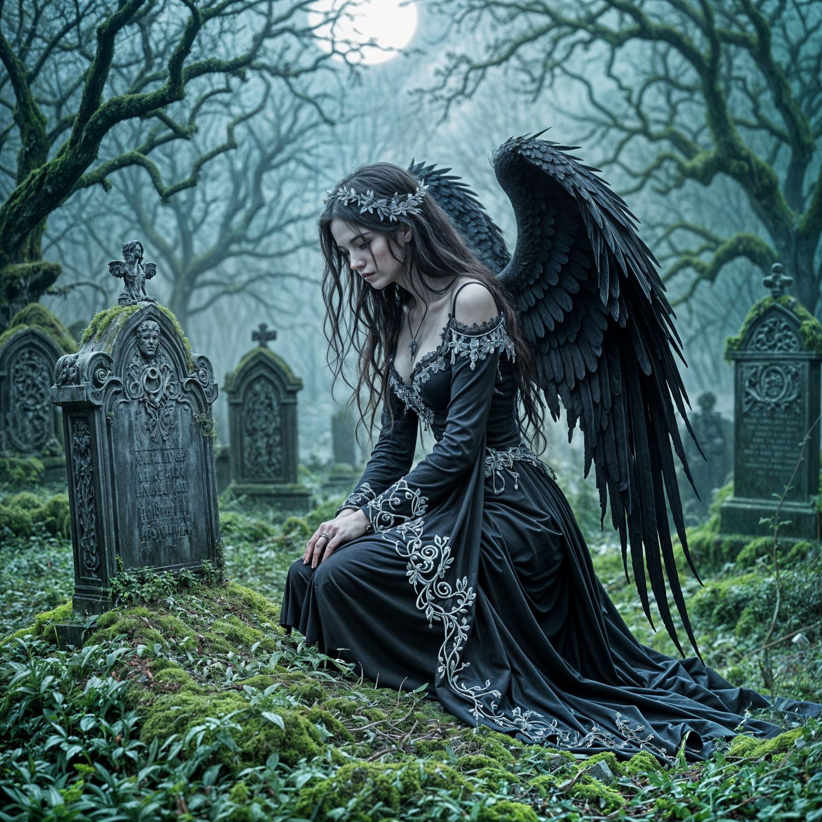 Gothic Angel Kneeling at Grave in Moonlight