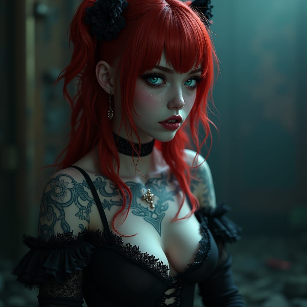 Goth Girl with Tattoos in Dark Romantic Style