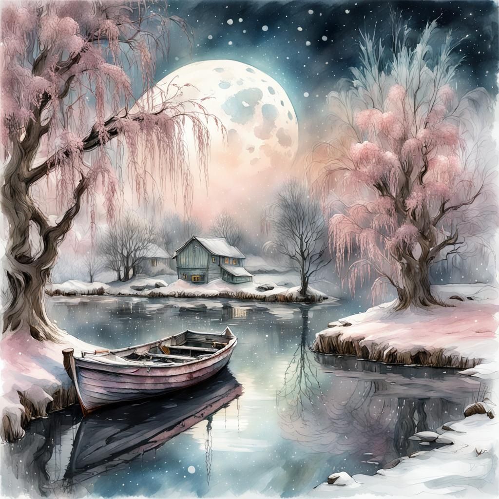 Dreamy White Winter Moon Scene in Watercolor