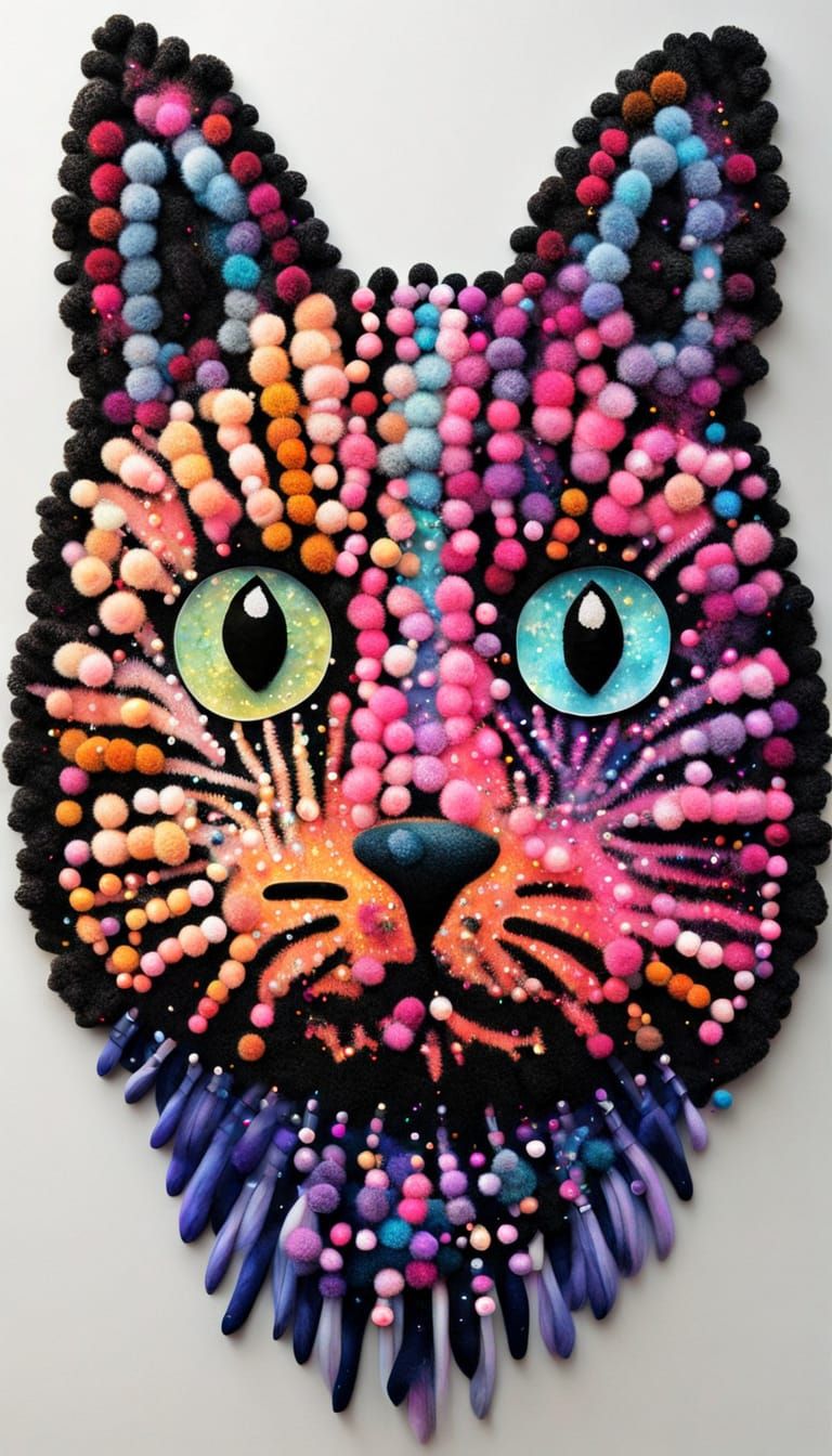 Pom Pom Cat Portrait in Cyberpunk Fairytale Style