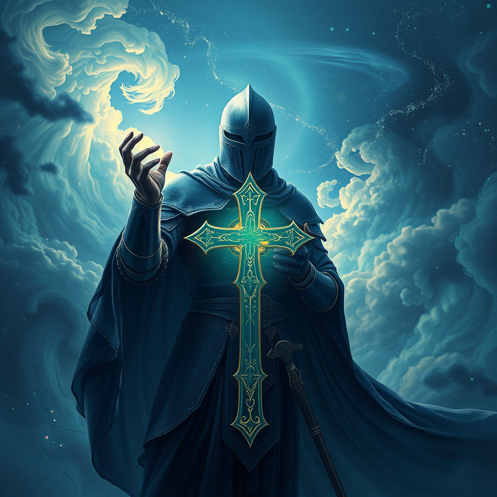 Knight with Ethereal Cross in Mystical Realm