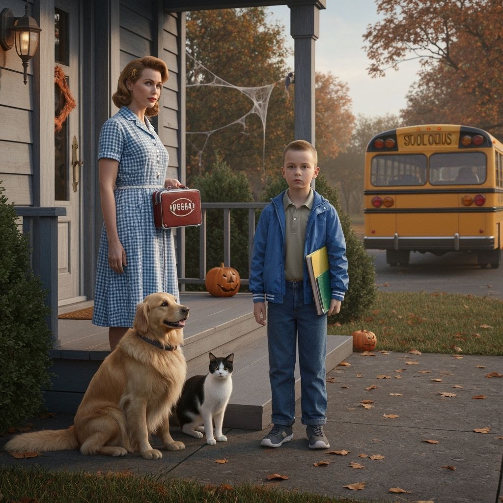 1950s Family Scene With Pets and School Bus Arrival
