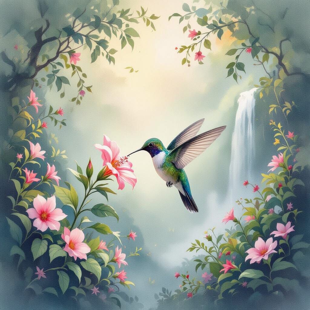 Hummingbird Sipping Nectar in Luminous Watercolor Grove
