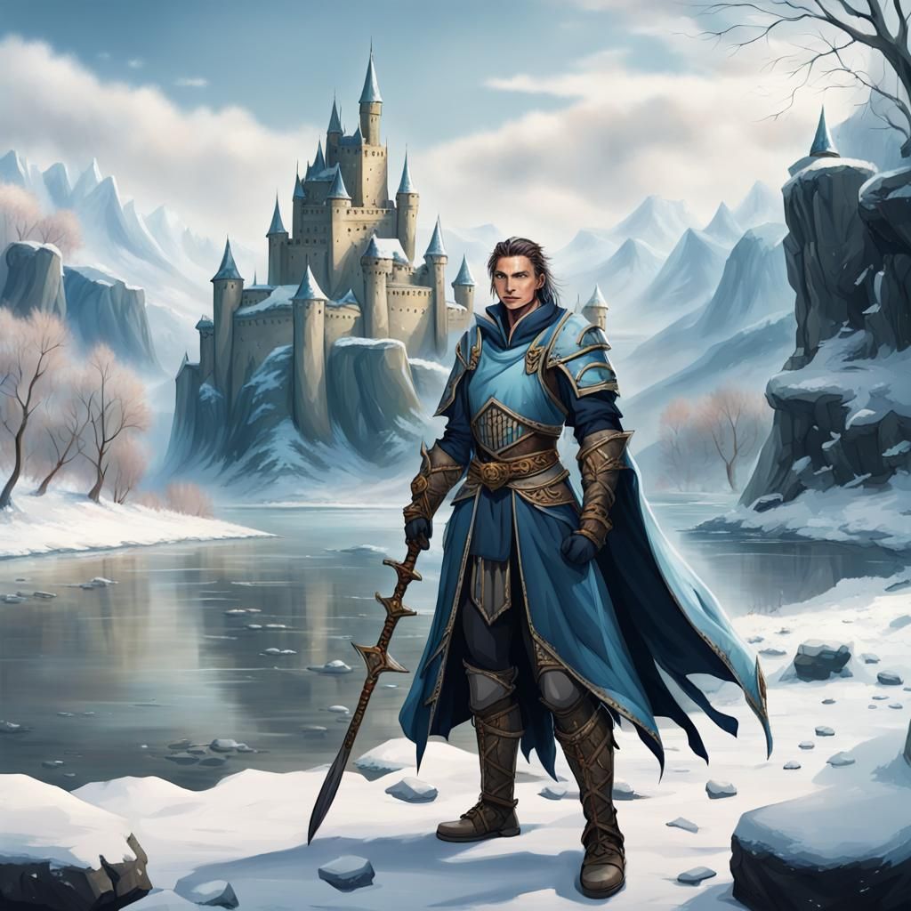 Fantasy Mage Warrior in Winter Riverscape