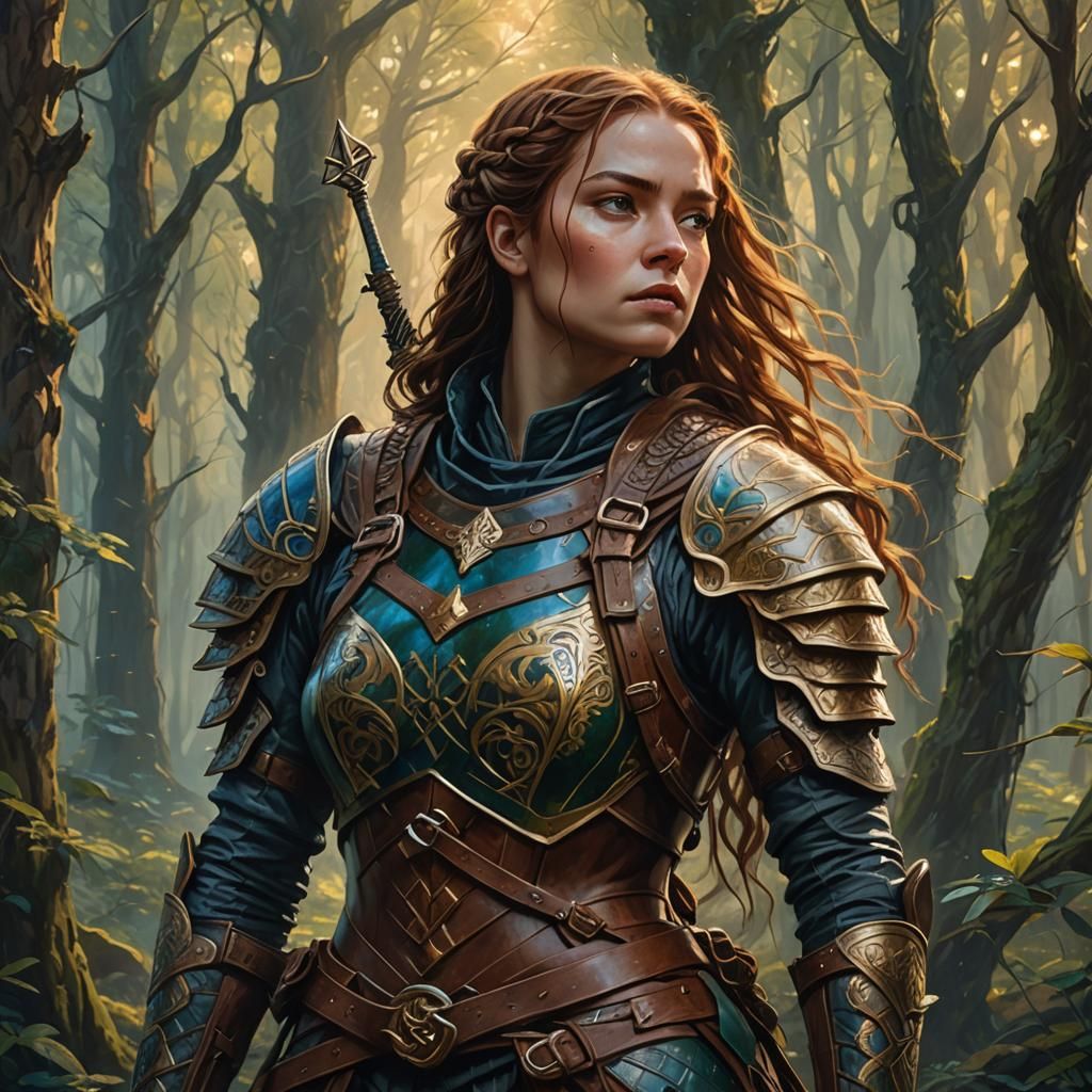 Fantasy Archer in Mystical Forest, Art Nouveau Style