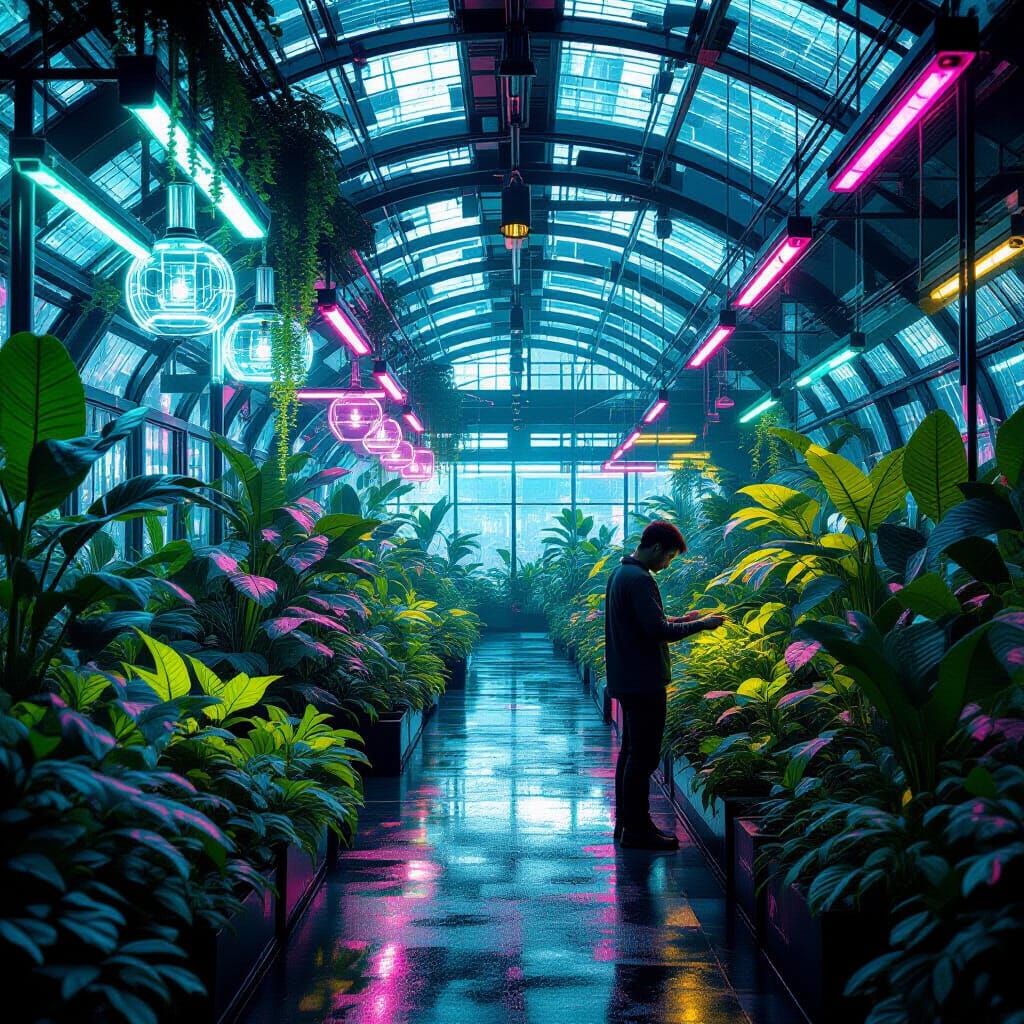 Cyberpunk Greenhouse with Glowing Plants and Neon Lights
