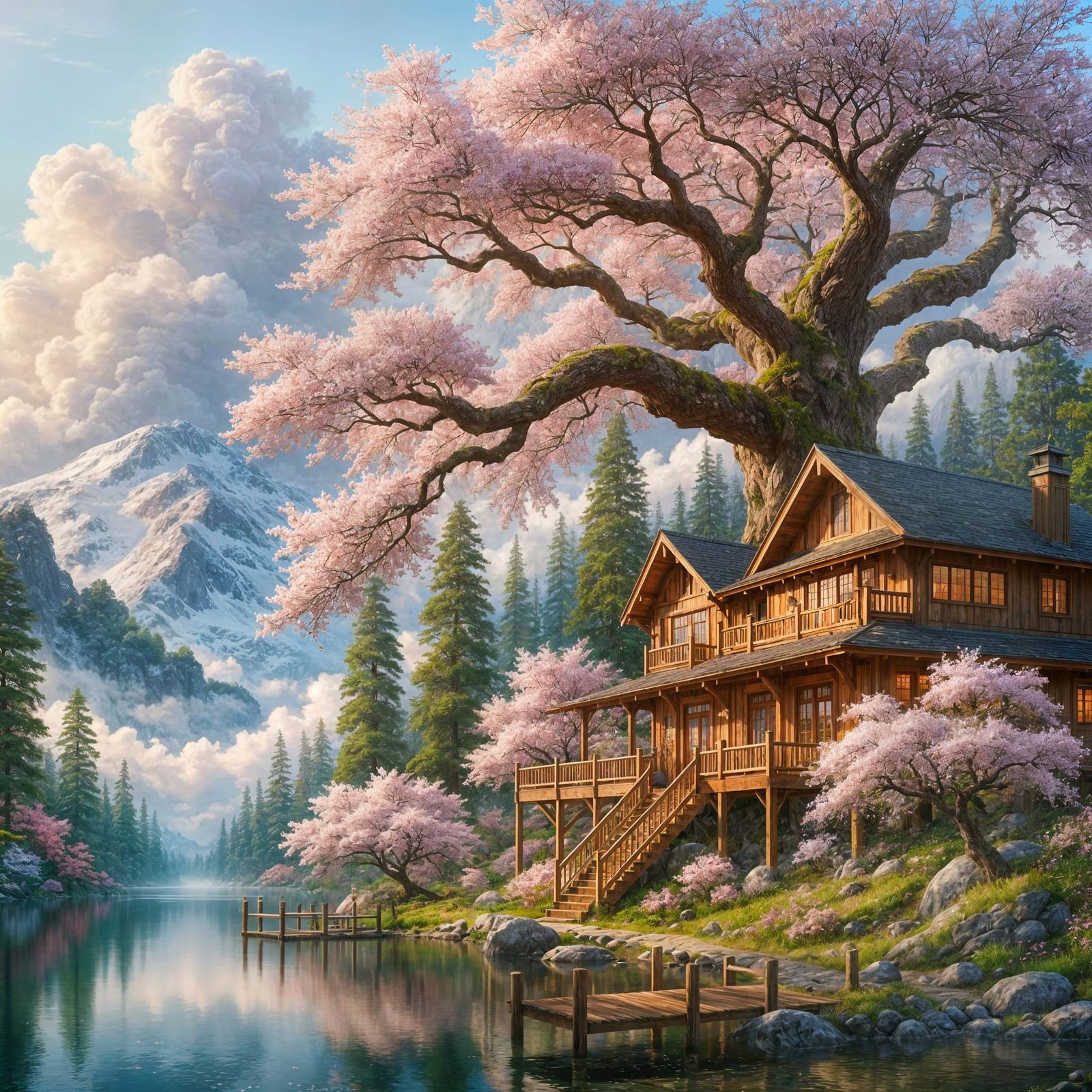 Dream House by Lake with Sakura Trees in Romantic Style