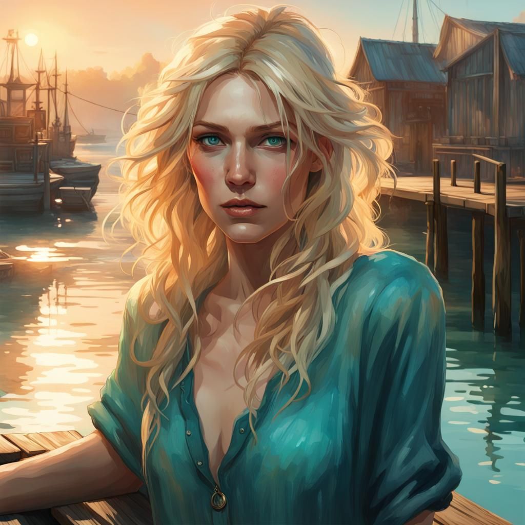 Watercolor Woman on Dock, Dynamic Lighting