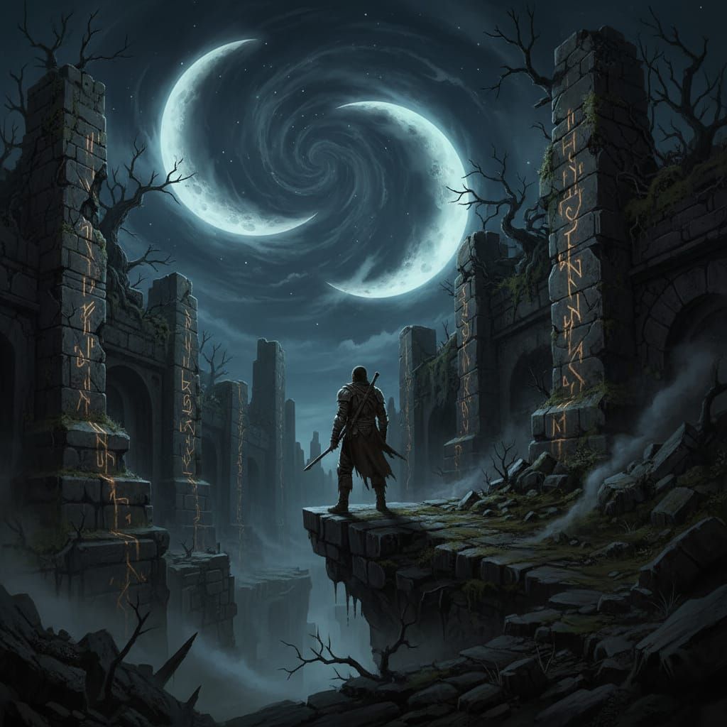 Explorer at Ruin Under Twin Moons