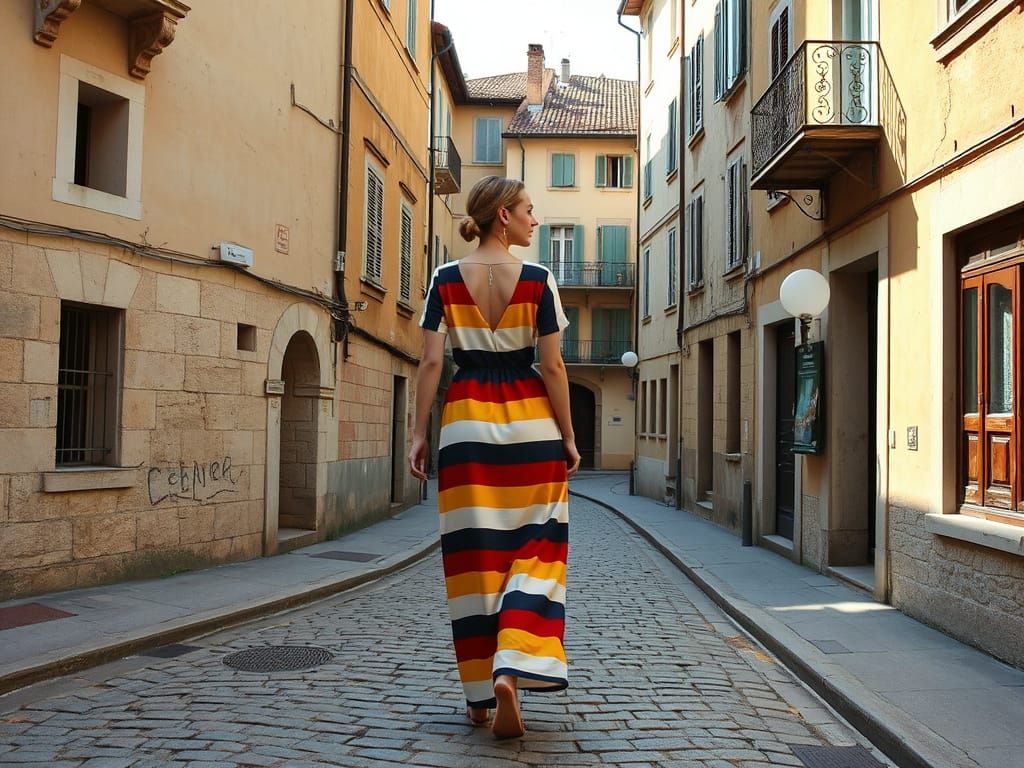 Elongated Woman Strolls Italian Cobblestone Street in Vibran...