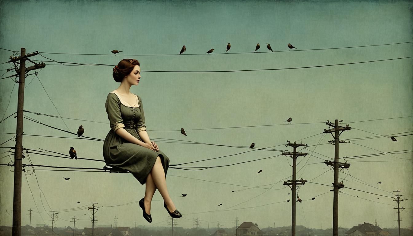 Surreal Woman on Power Lines with Birds