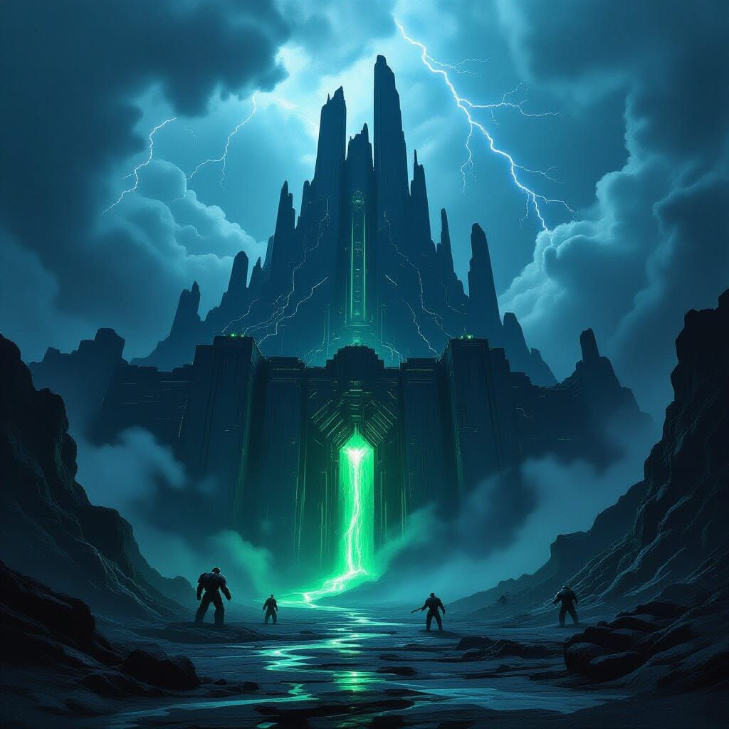 Dark Fantasy Fortress on Volcanic Mountain