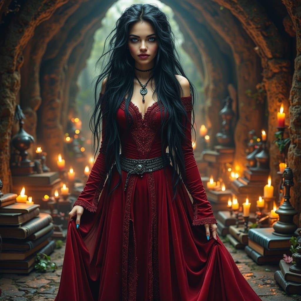 Mysterious Sorceress in Grotto, Dark Fantasy Art