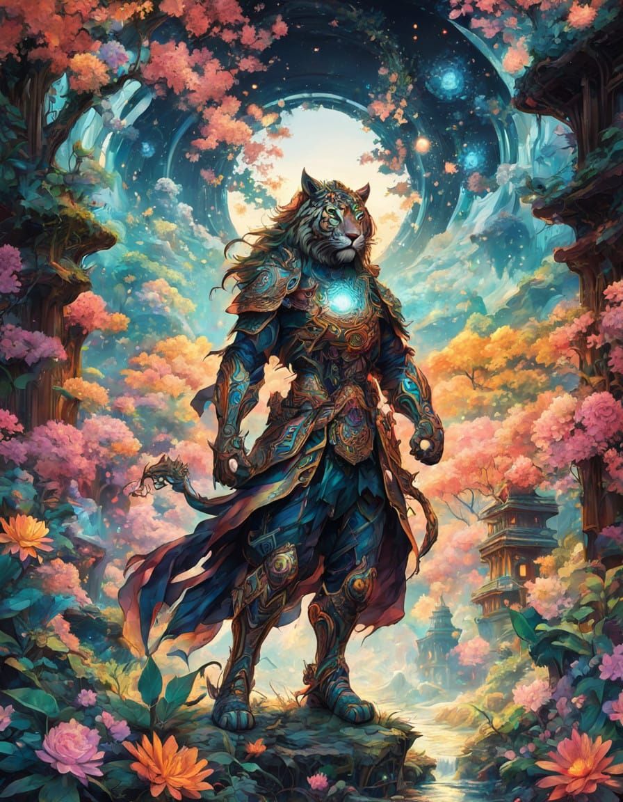 Epic Tiger Warrior Sails Amidst Cosmic Fantasy City