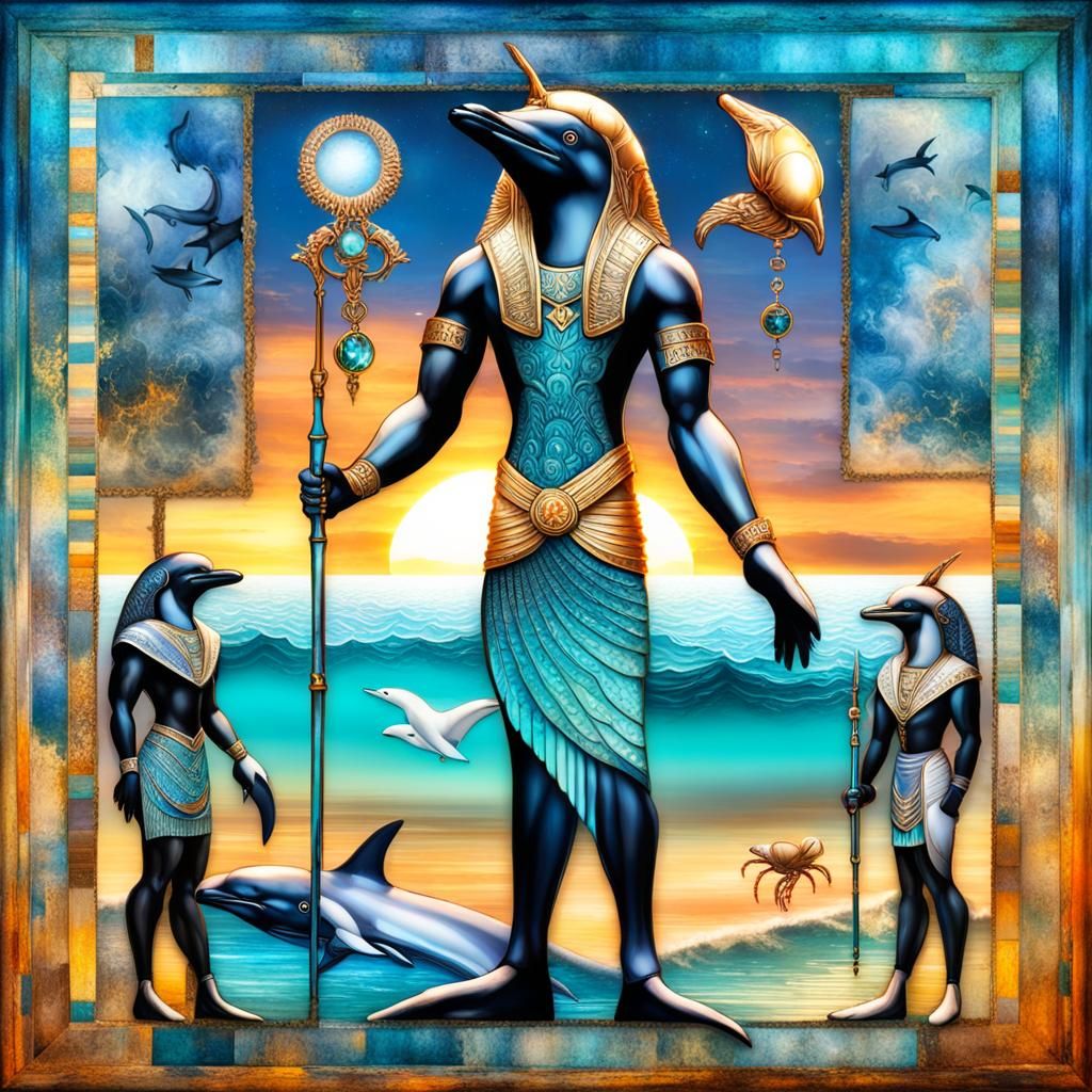 Dolphin-Headed Egyptian God in Sunset
