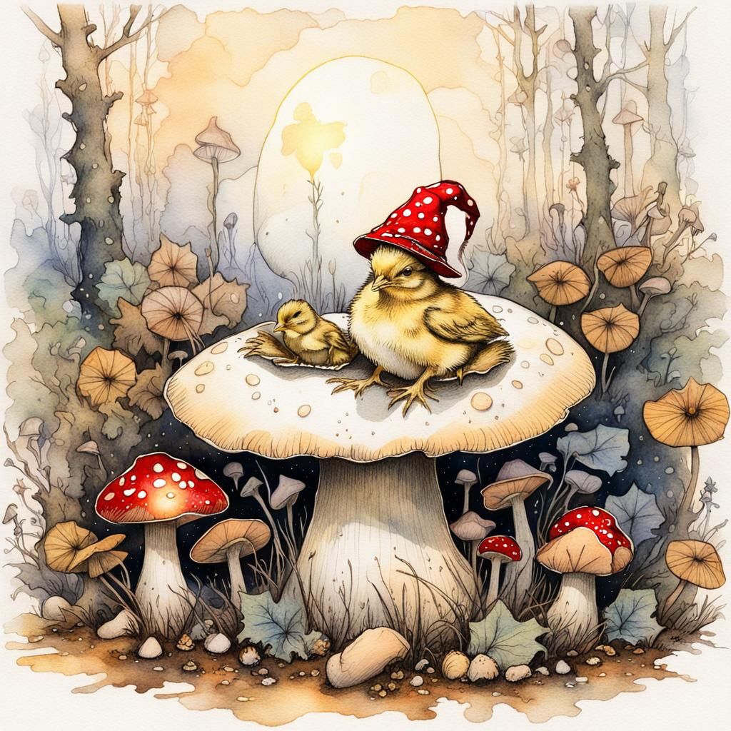 Chick in Eggshell Hat on Toadstool, Pen and Ink