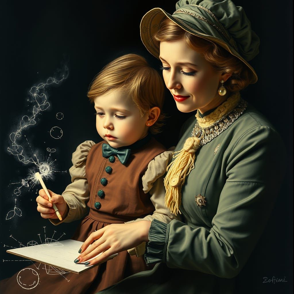 Mother and Child Create Enchanting Sidewalk Art in Vintage O...