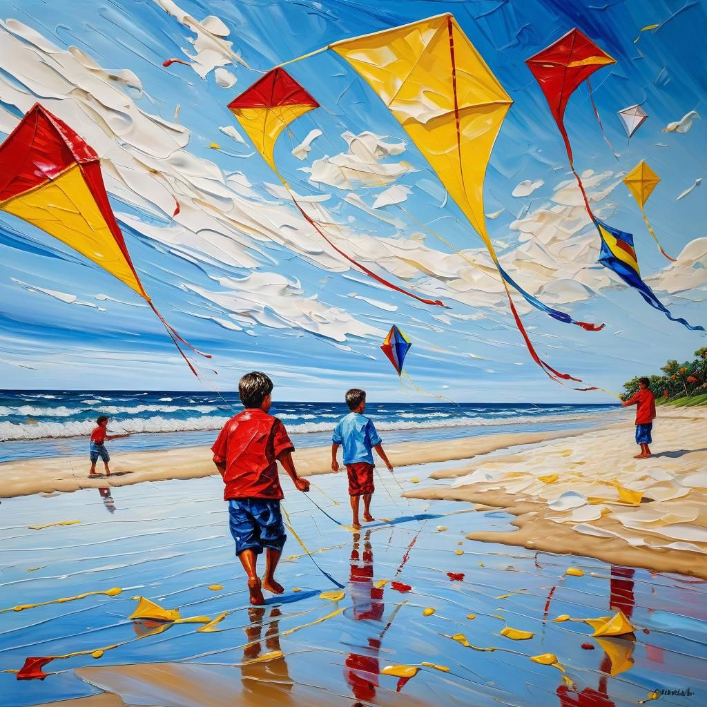 Hyperrealistic Sea Foam and Kites in Expressionist Style