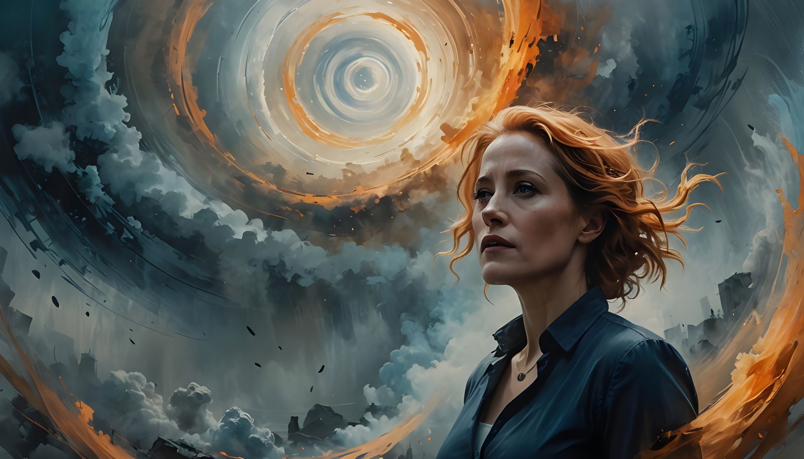 Young Gillian Anderson in a Swirling Vortex of Fog in Cyberp...