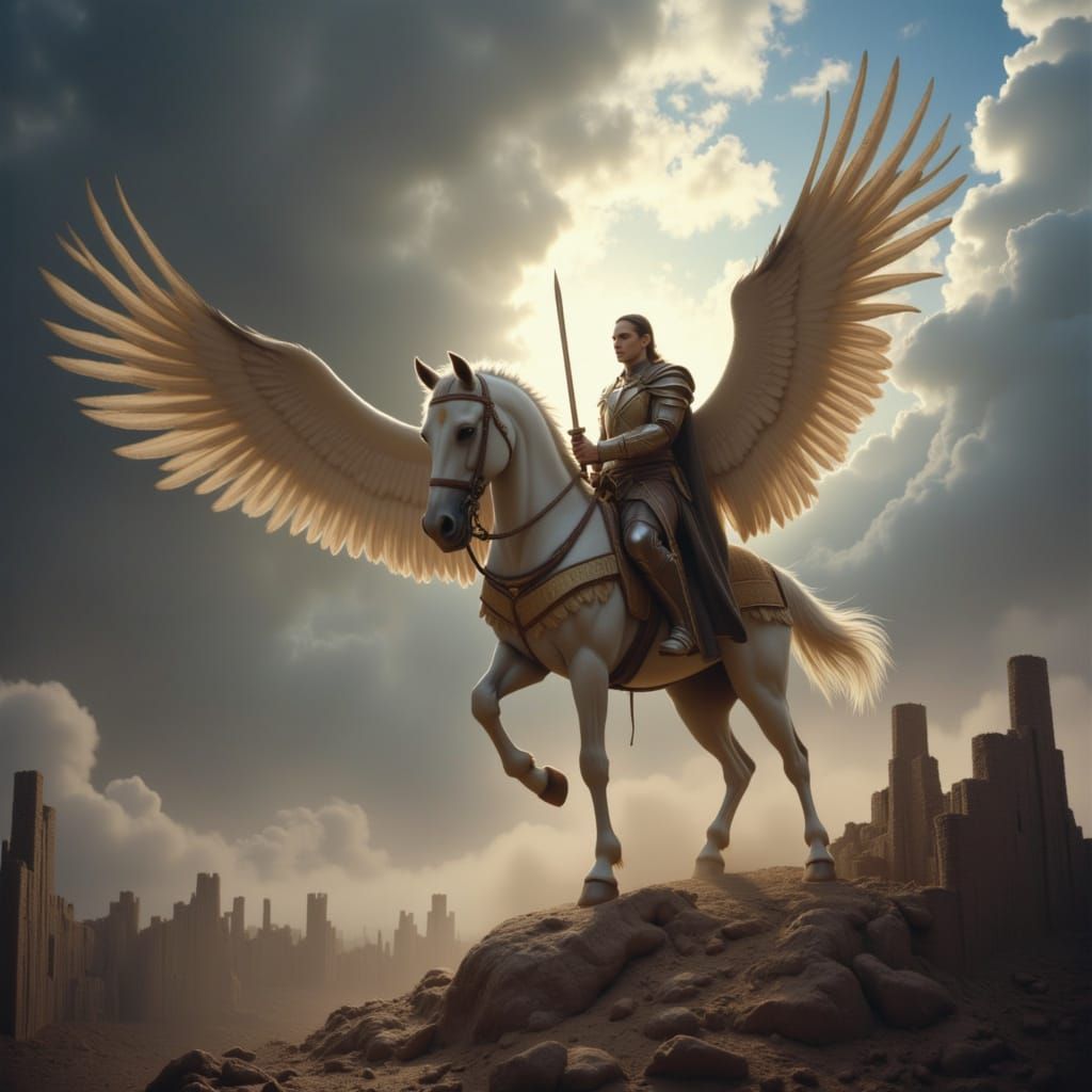 Knight on Winged Steed Soars Through Stormy Sky