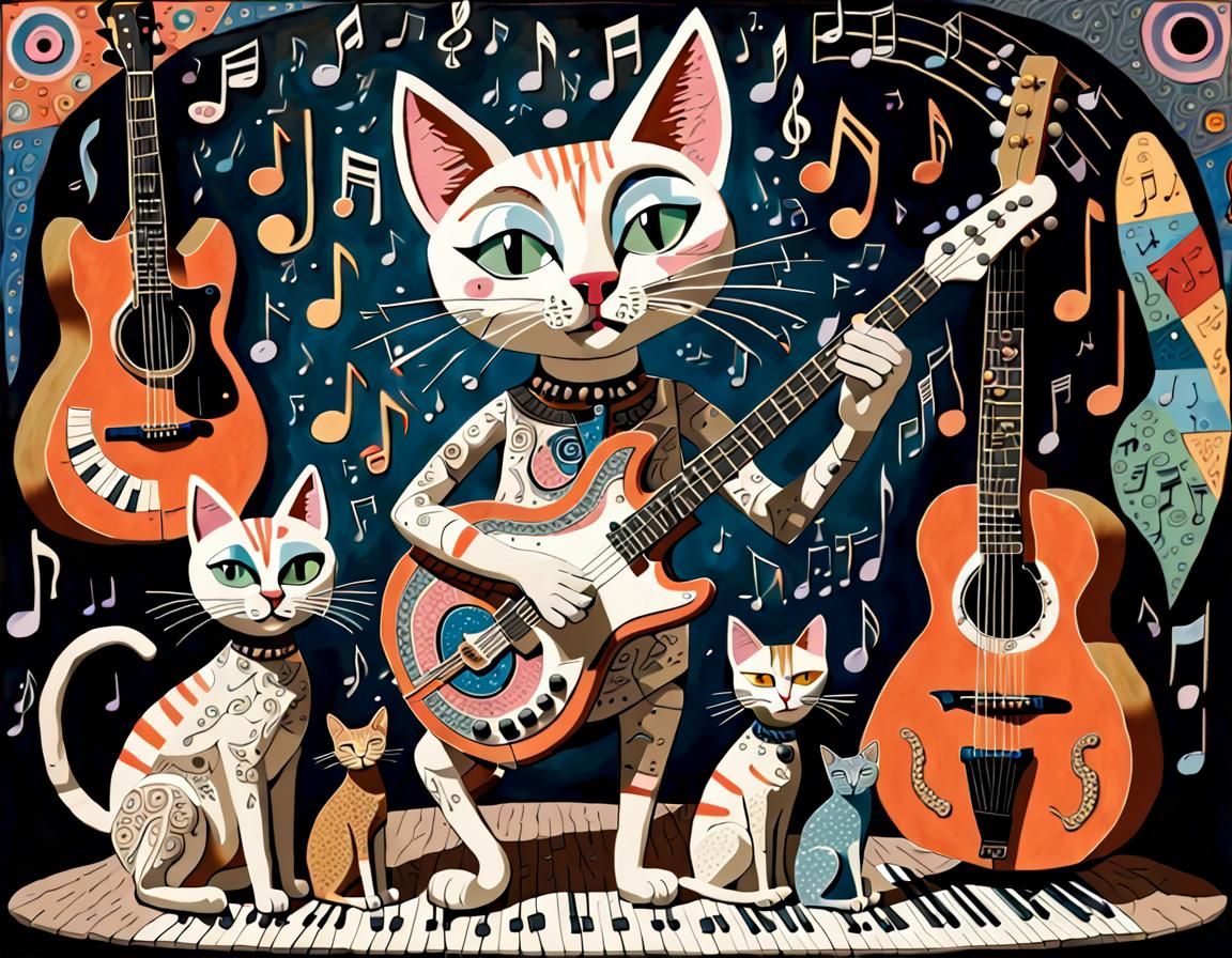 Cat Rock Band on Stage in Folk Art Style