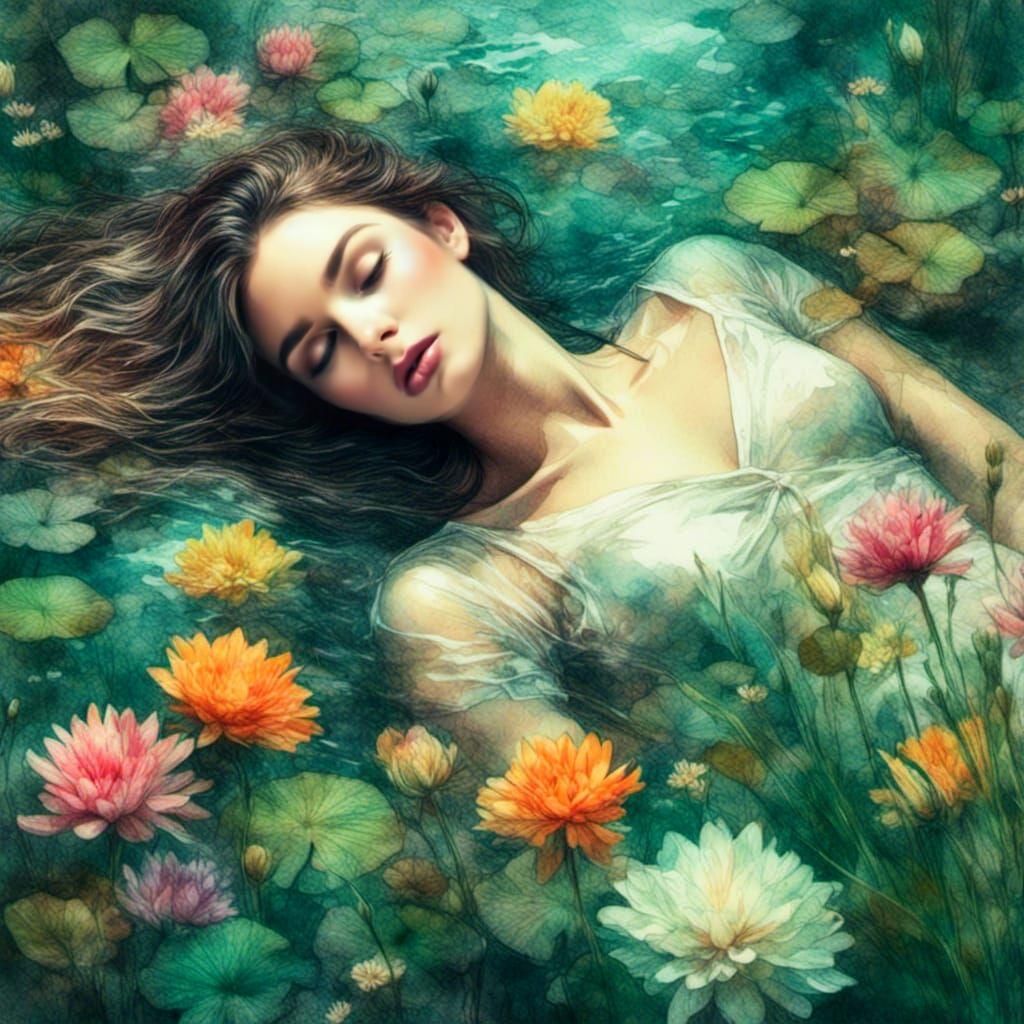 Watercolor Portrait of Woman in Aquatic Garden
