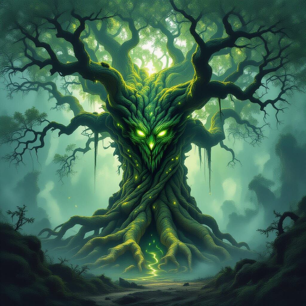 Ancient Tree Spirit in Misty Forest Concept Art