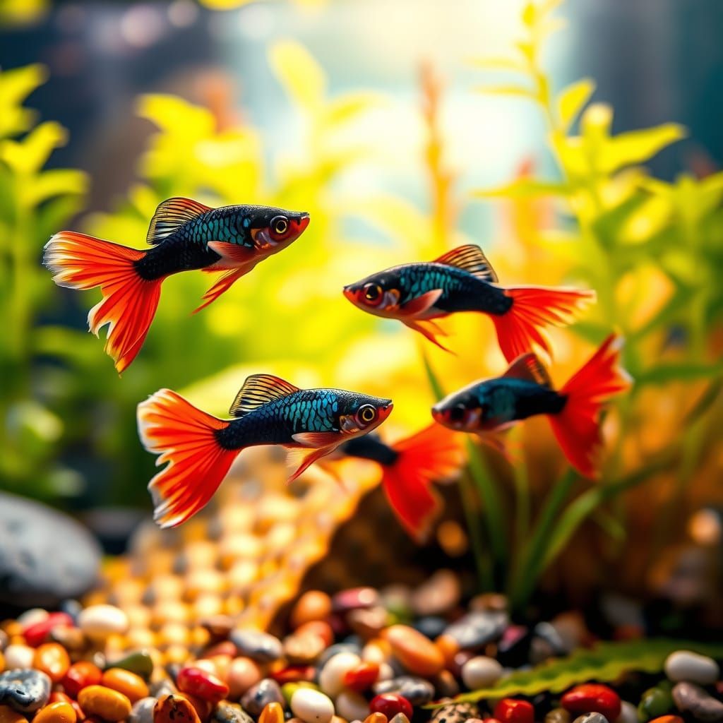 Vibrant Black and Red Guppies in a Pristine Aquarium