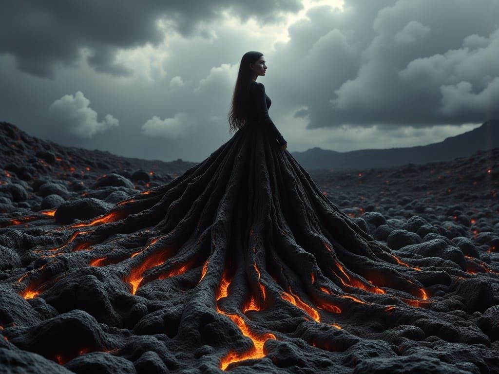 Elegant Woman Stands Amidst Volcanic Ruin in Dark Oil Painti...