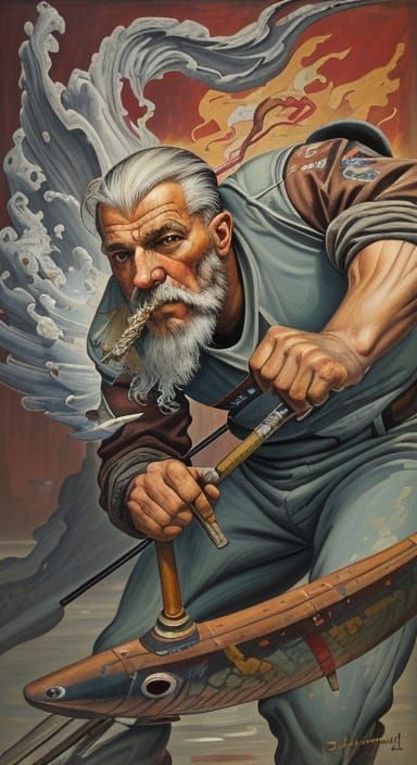 Fish-Man Balances Pipe in Socialist Realism Propaganda Poste...