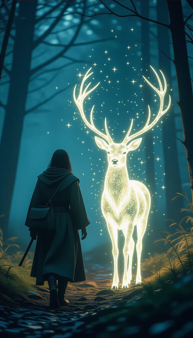 Enchanted Forest: Traveler and Spectral Deer in Surreal Styl...