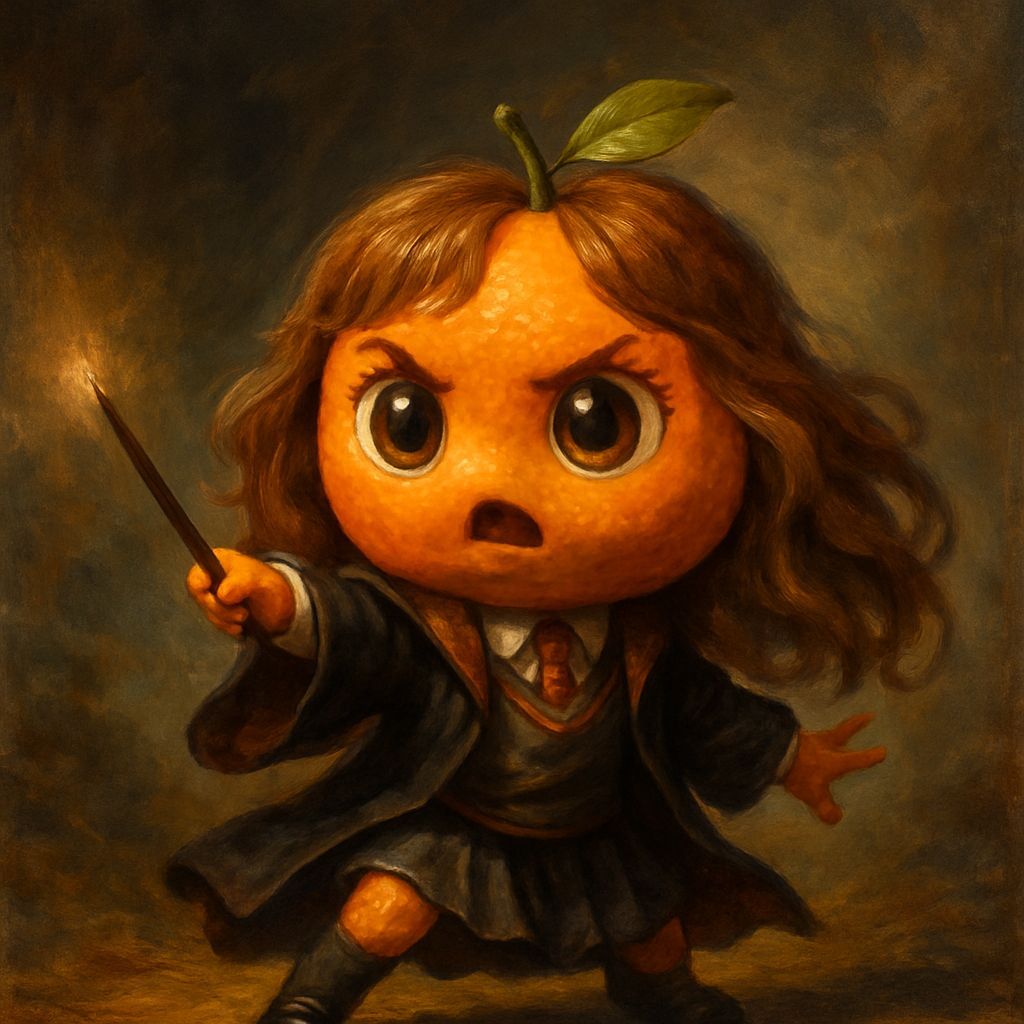 Chibi Tangerine Granger in Hogwarts Uniform, Whimsical Oil P...