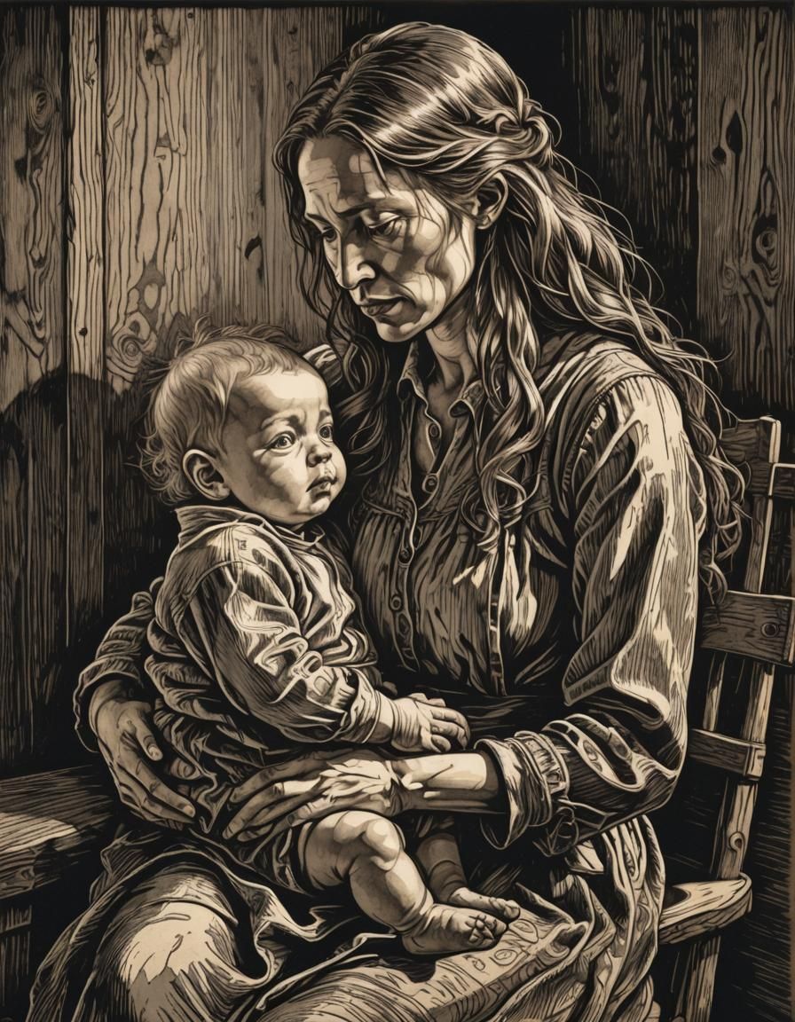 Chiaroscuro Woodcut of Mother and Child