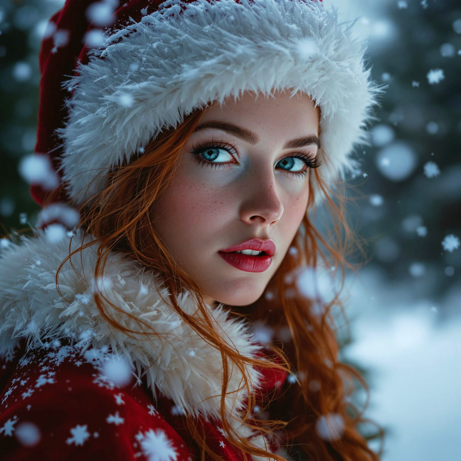 Photorealistic Redhead Santa in Snowy Chiaroscuro
