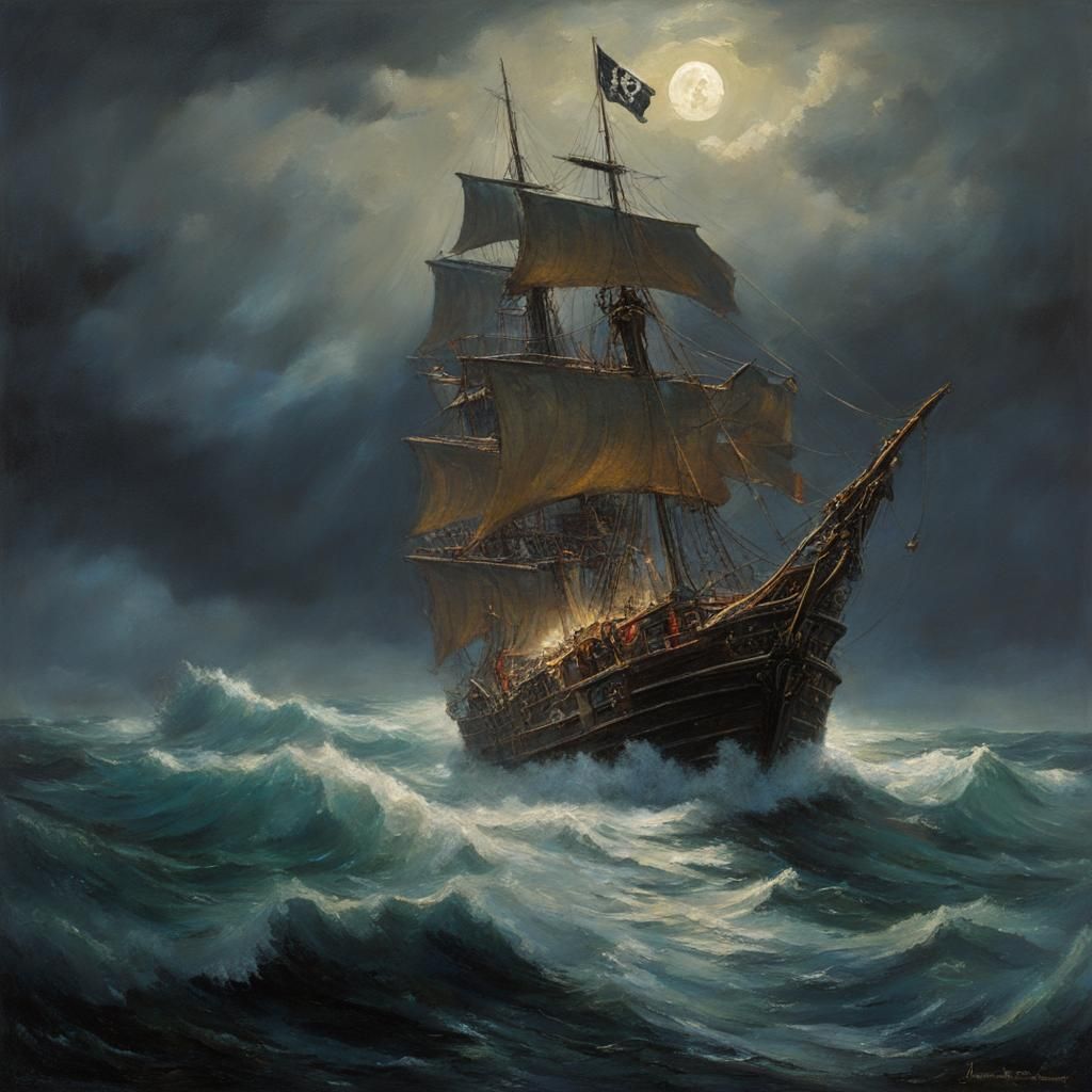 Ghostly Pirate Ship on Stormy Sea