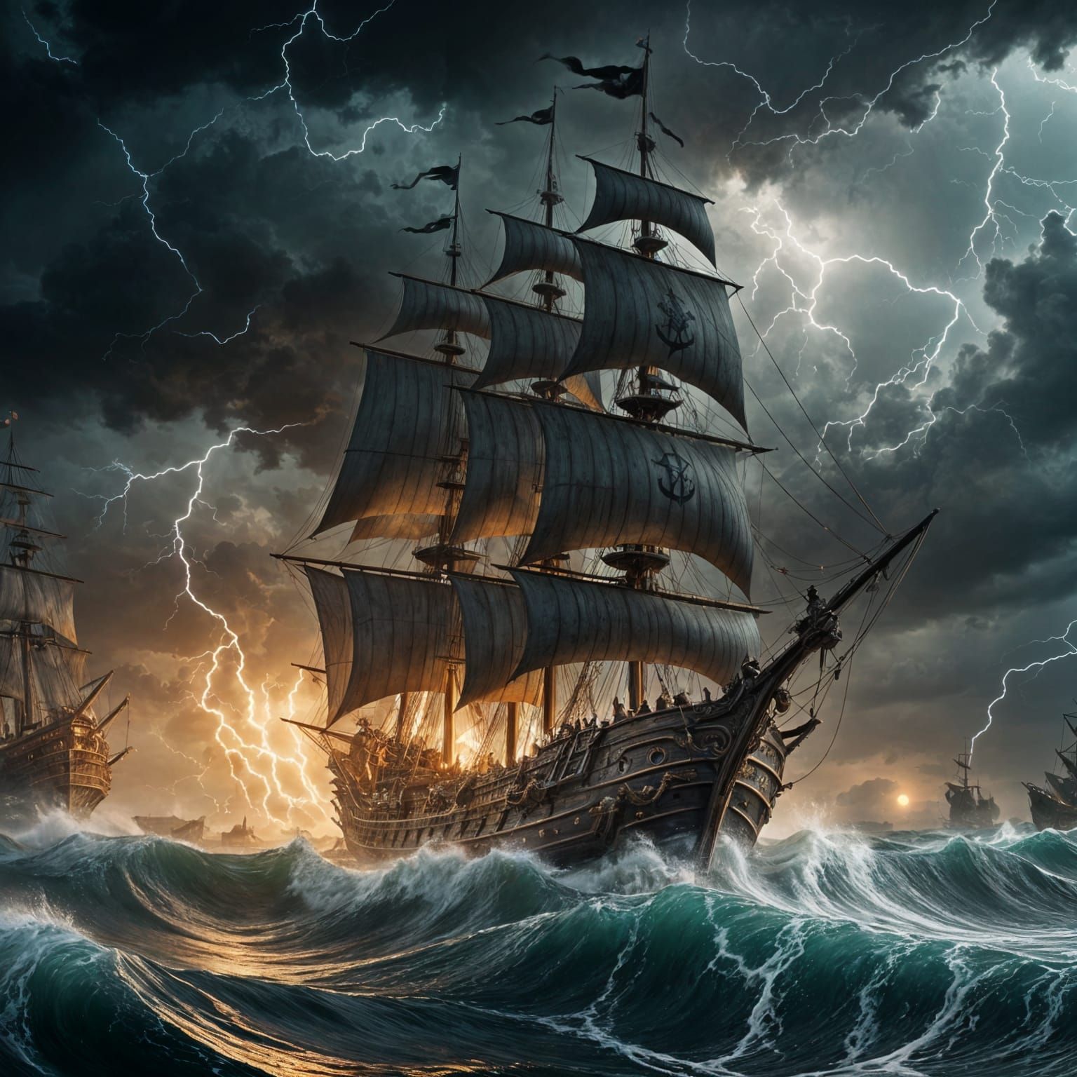 High Fantasy Pirate Ship in a Stormy Sea - Digital Matte Pai...