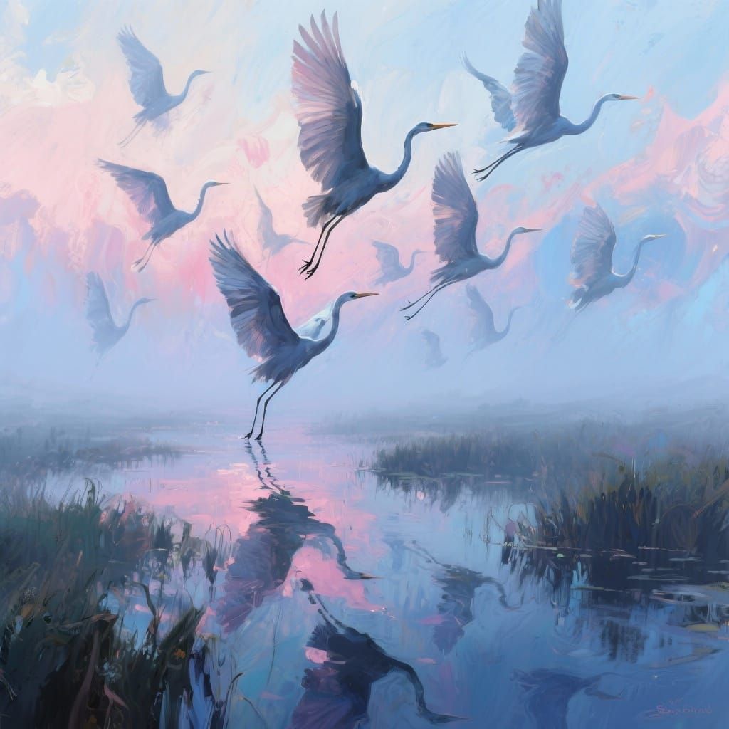 Cranes Take Flight Over Misty Marsh in Expressive Wash Style