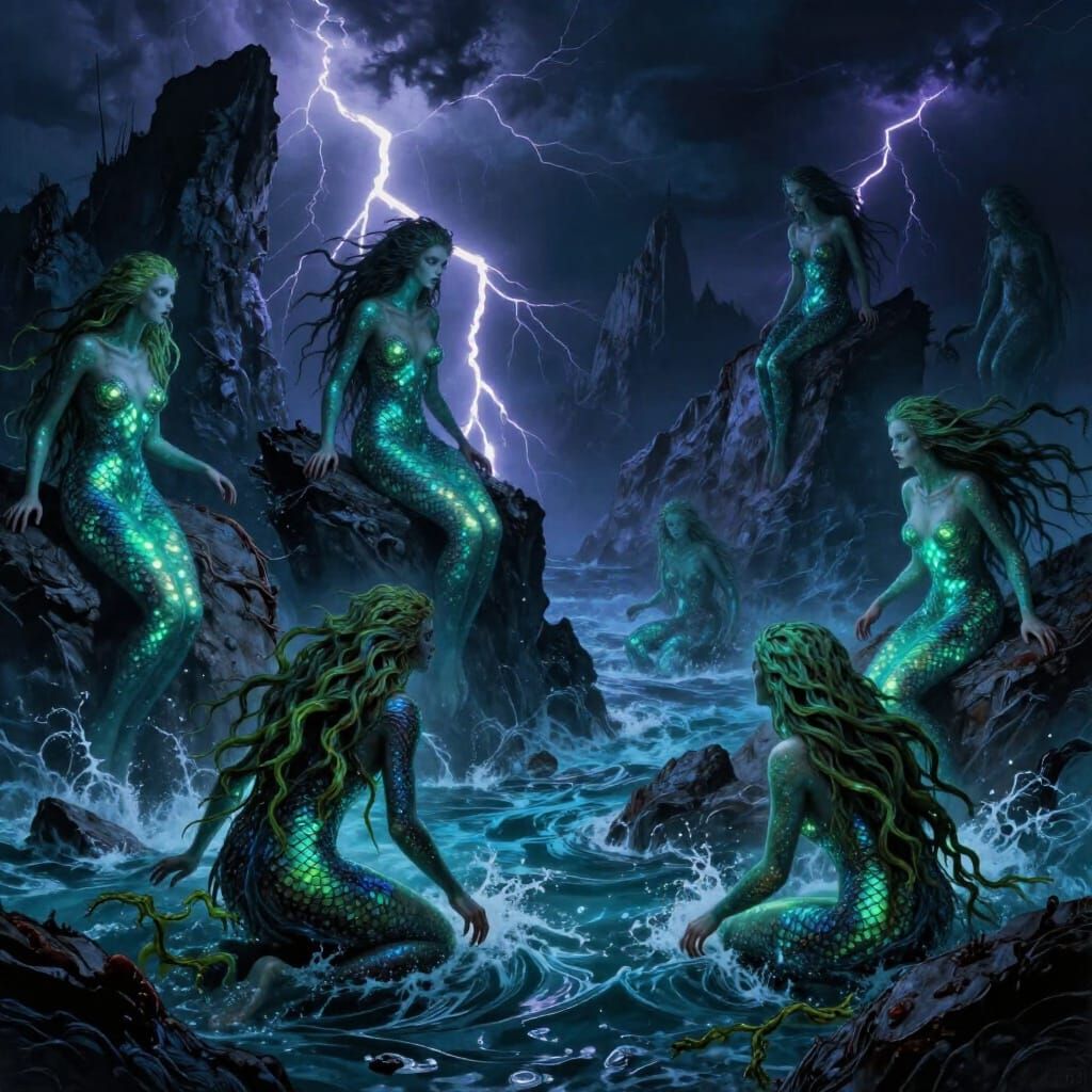 Haunting Sirens Lure Sailors in Stormy Surreal Seas