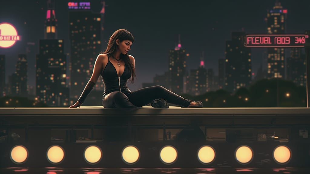 Melting Woman in Synthwave Neon Cityscape