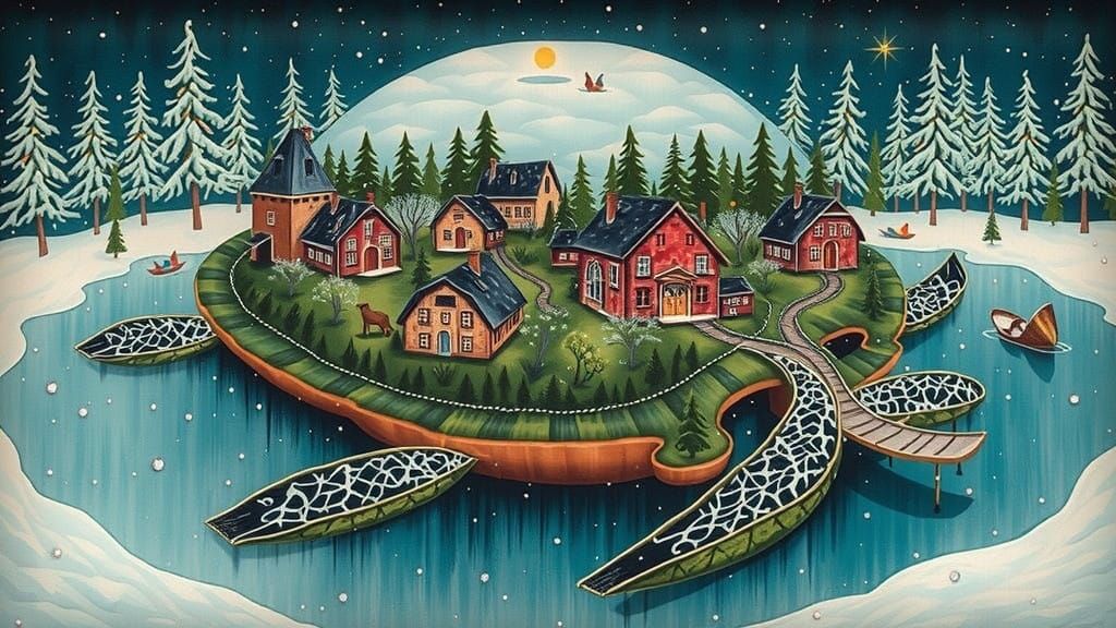 Dreamlike Winter Village in a Fantastical Forest