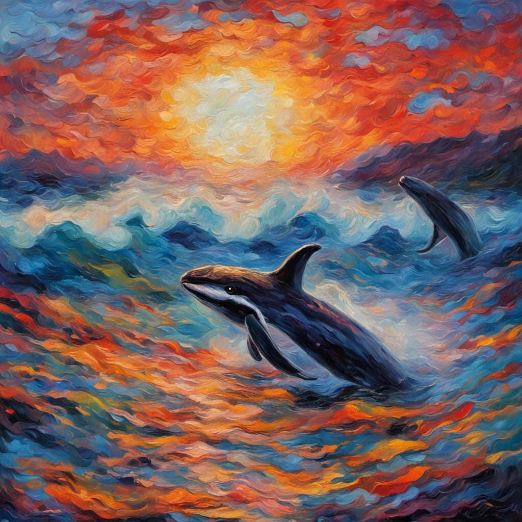 Whales Diving in Sunset Ocean: Expressionist Oil Painting