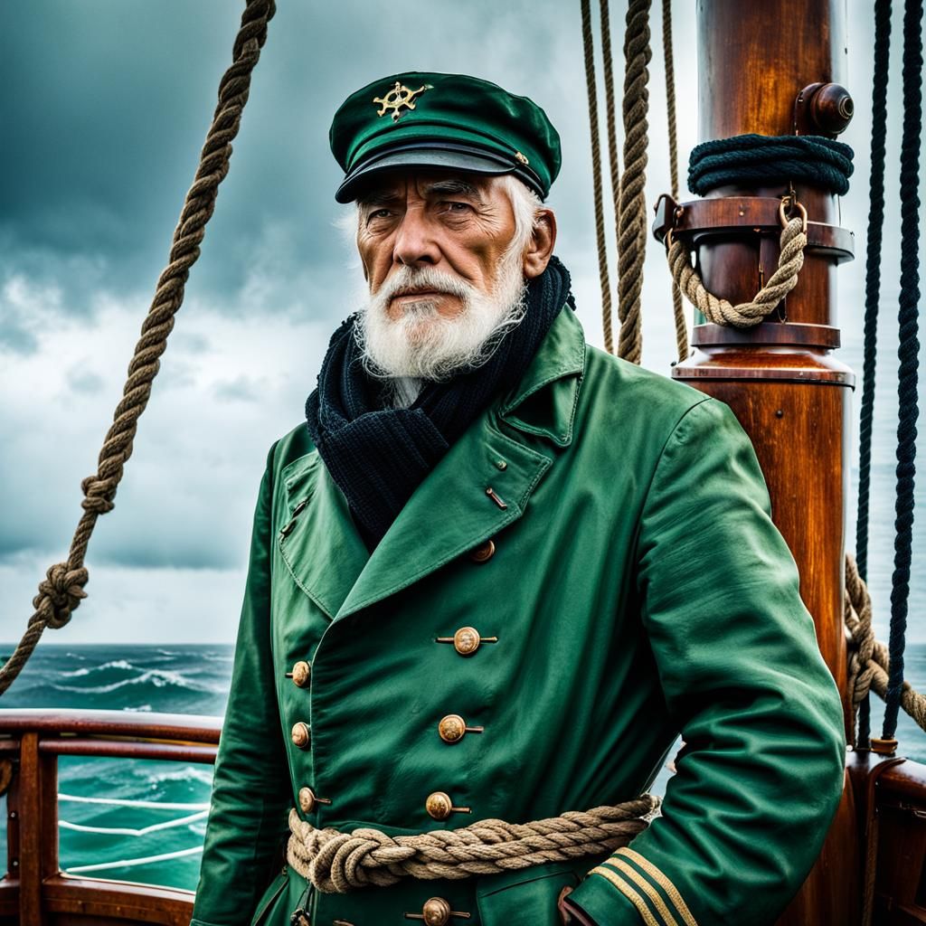 a sea captain with a white beard and weather-beaten skin sta...