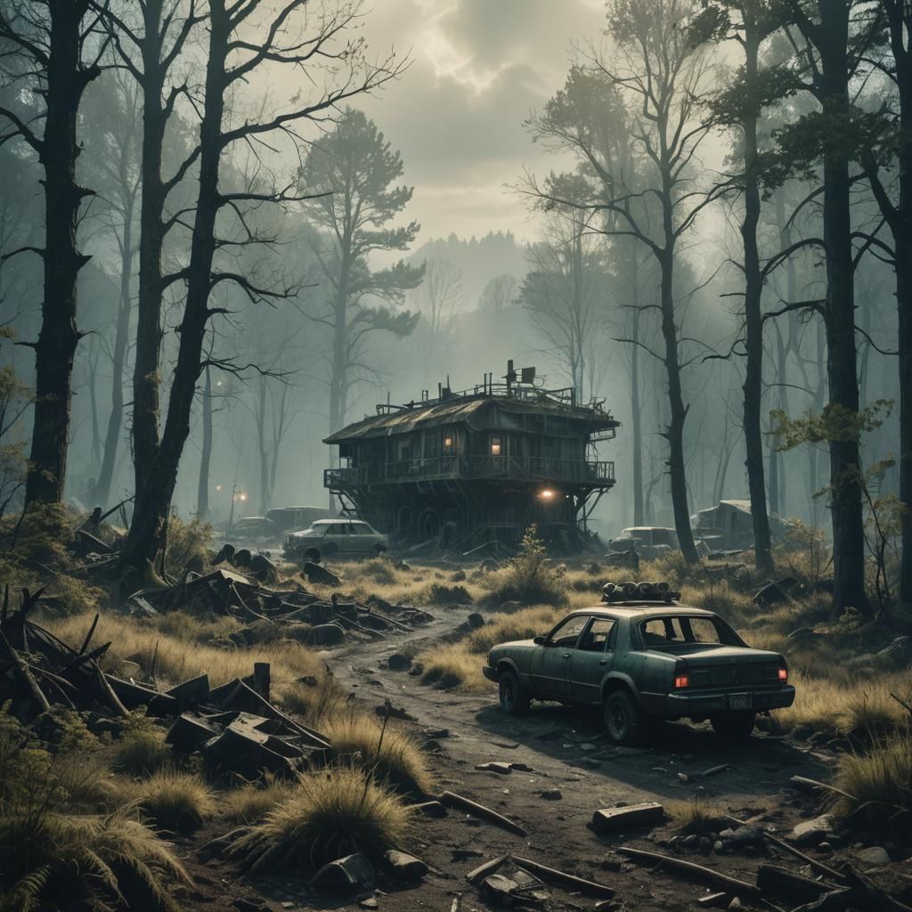 Eerie Fallout City in Misty Forest