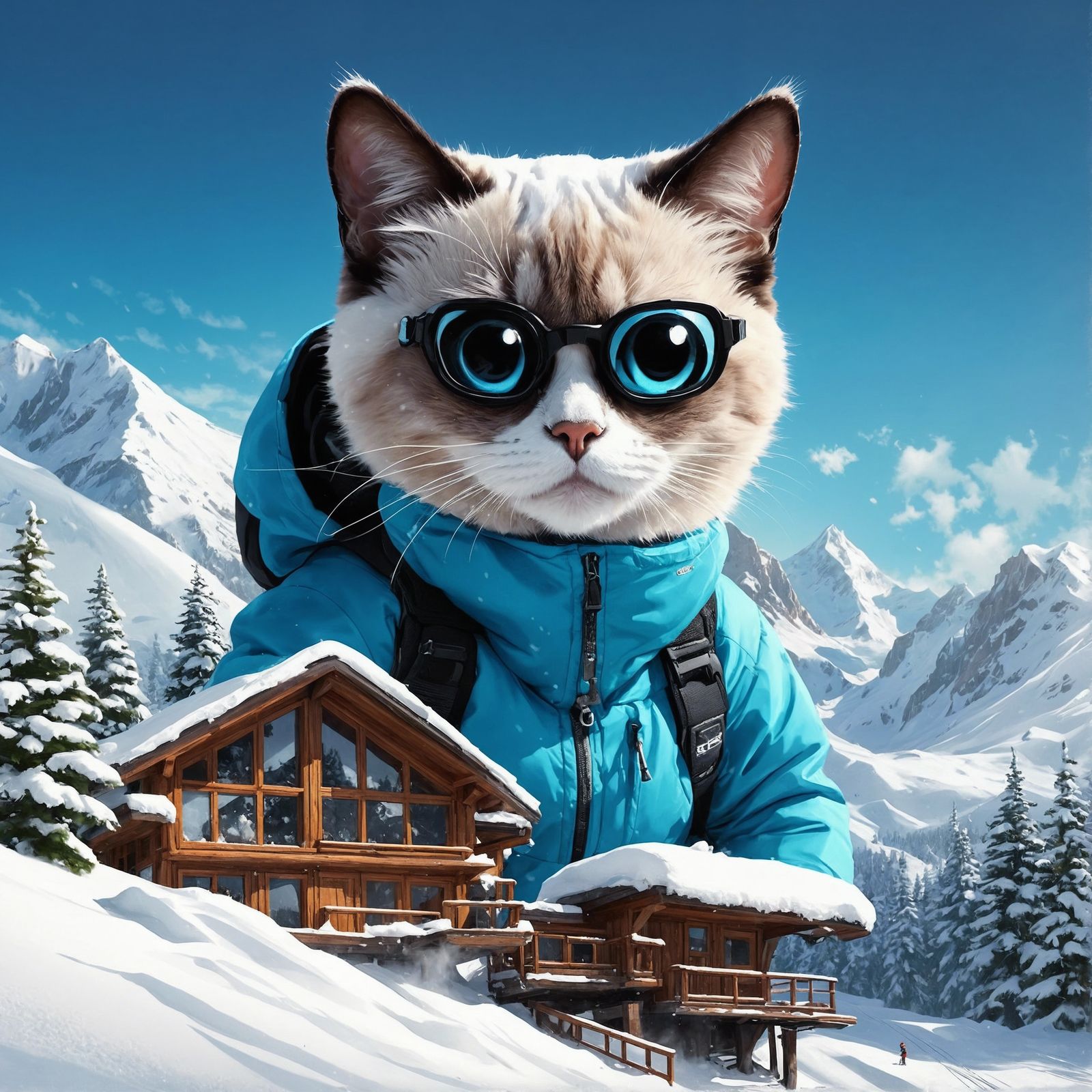 Chibi Siamese Cat Snowboarding in Avalanche