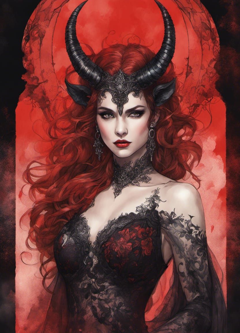 Red Demoness in Watercolor Horror Concept Art