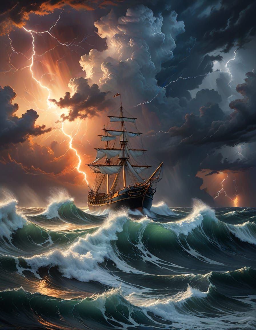 Dramatic Lighthouse Guiding Frigate Through Stormy Seas