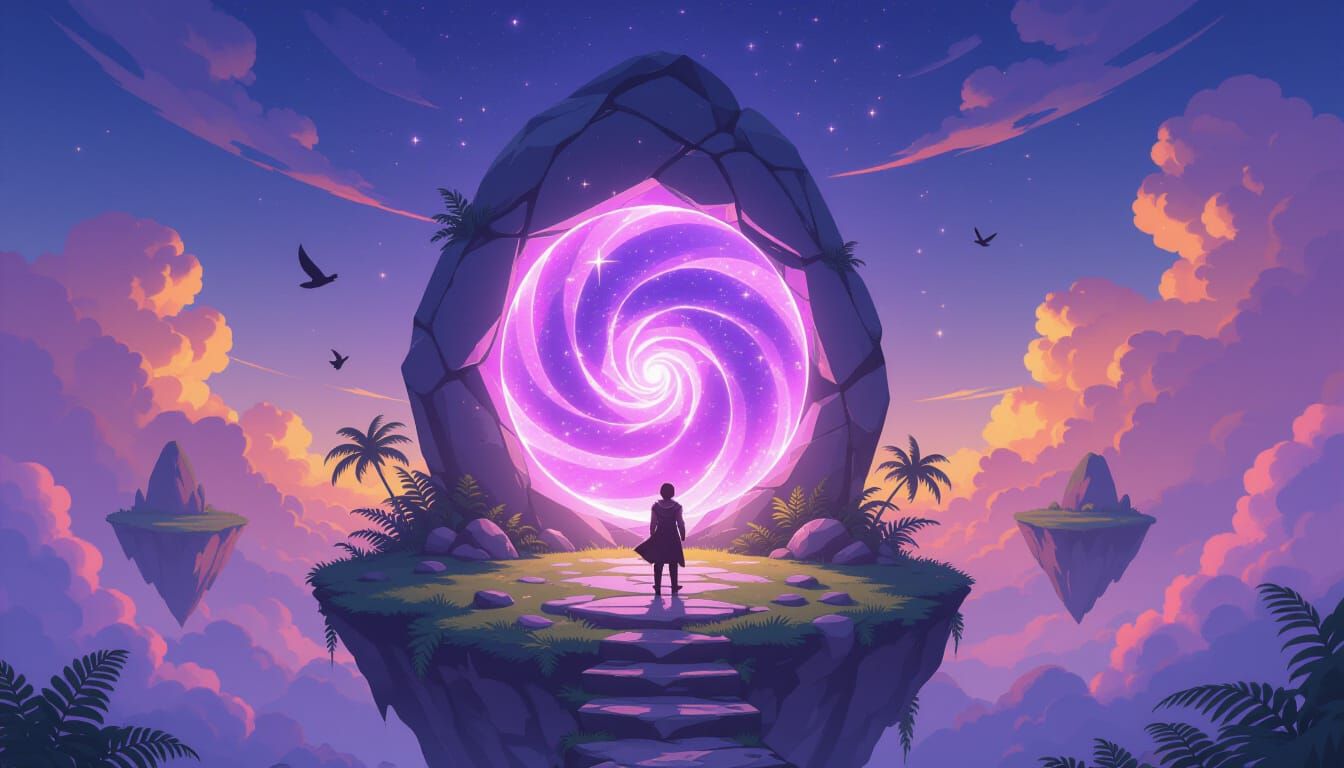 Adventurer Before Swirling Purple Portal on Floating Island