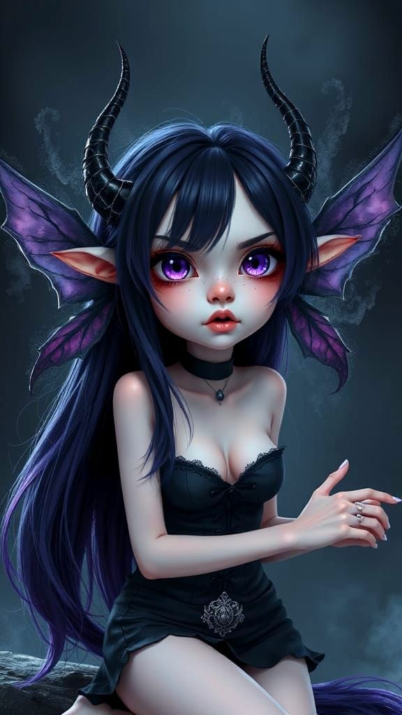 Cute, pouty, devilish kawaii anime waifu, Yokai Kaiju hybrid...