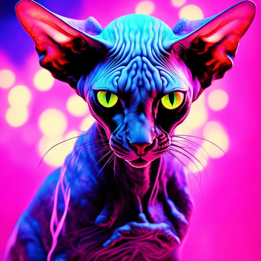 Hyperrealistic Sphynx Cat in Blacklight Double Exposure