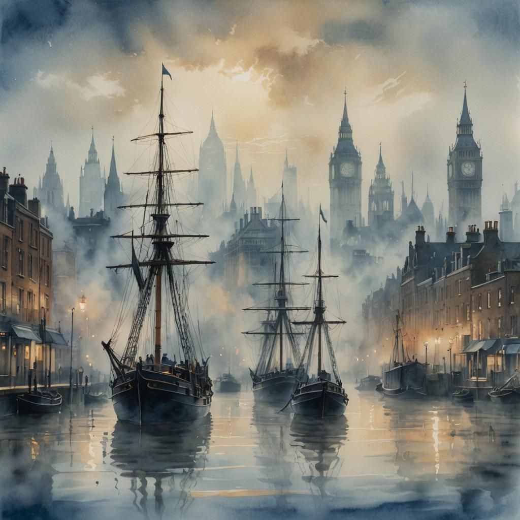 Victorian London Cityscape in Watercolor and Ink